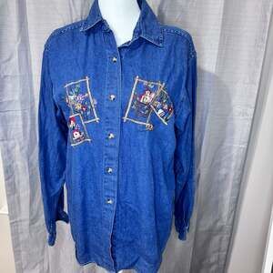 Victoria Jones Petites Vintage Denim Embroidered Birdhouse Floral Button-Down